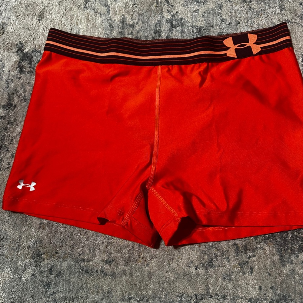 Under Armour Women Orange Athletic Compression Shorts Logo Sport Size L‎